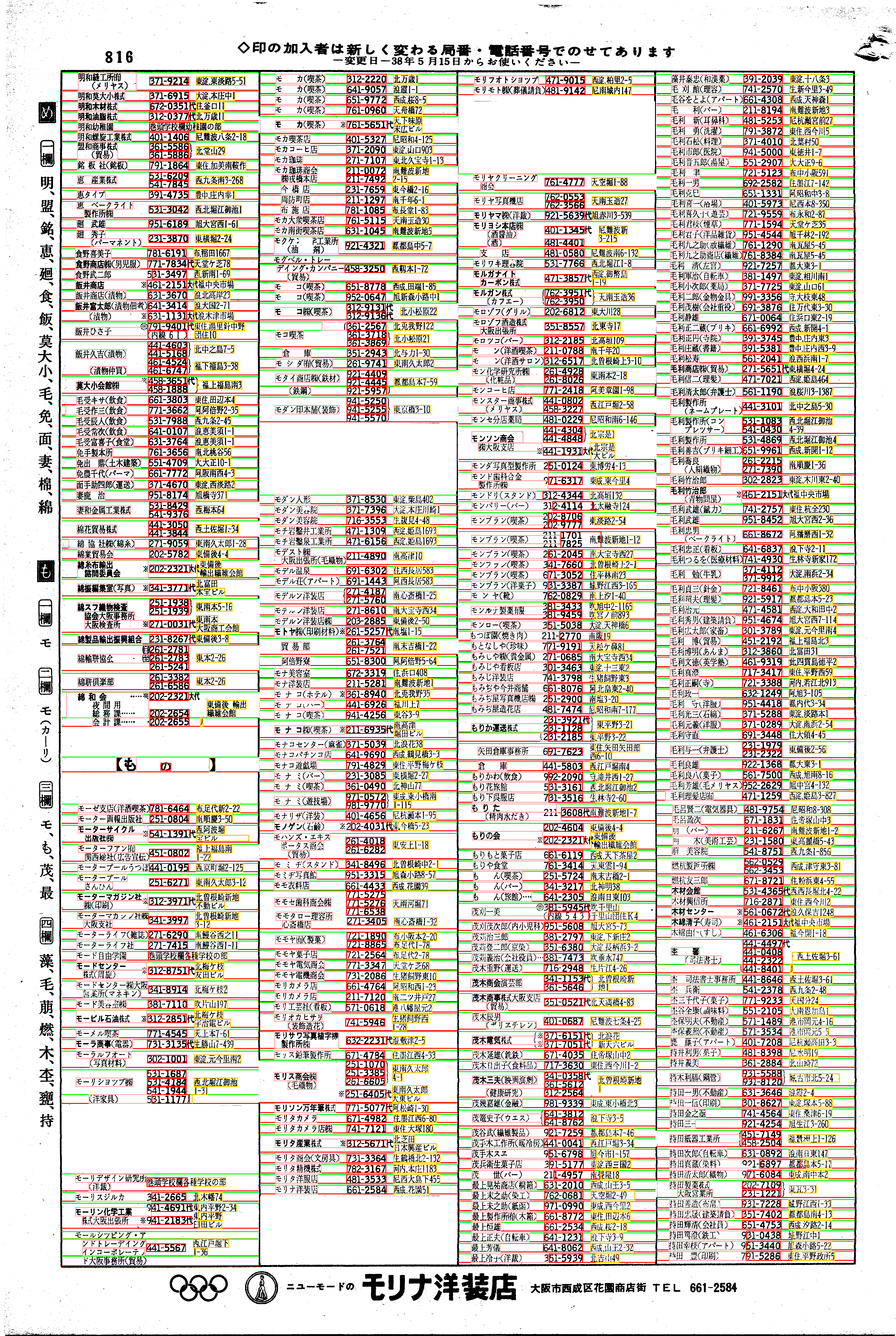 昭和38年2月1日現在大阪市50音別電話番号簿 844ページ全体